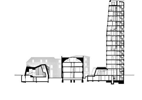 Grundrisse: links 1.-3. Obergeschoss, rechts: 12. – 14. Obergeschoss Schnitt: Informationspavillon, Altes Hafenamt und der neue Cinnamon Turm