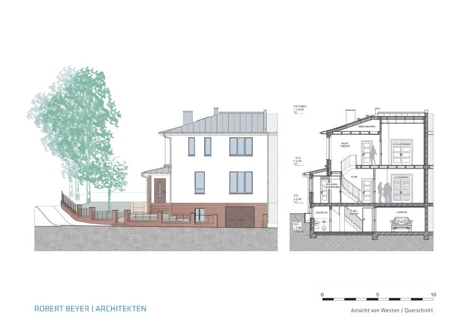 Ansicht West und Schnitt