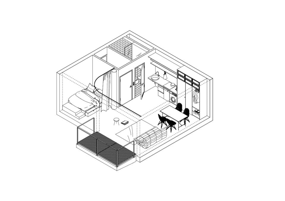 Axonometrie einer Wohnung im Wohnturm