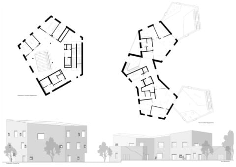 Studienhaus und Kita; Grundriss und Ansicht