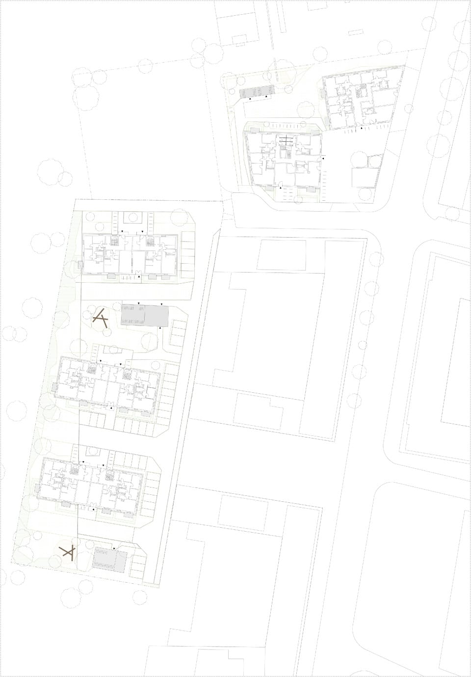 Grundriss Erdgeschoss und Außenanlagen Häuser A/B und 1-3