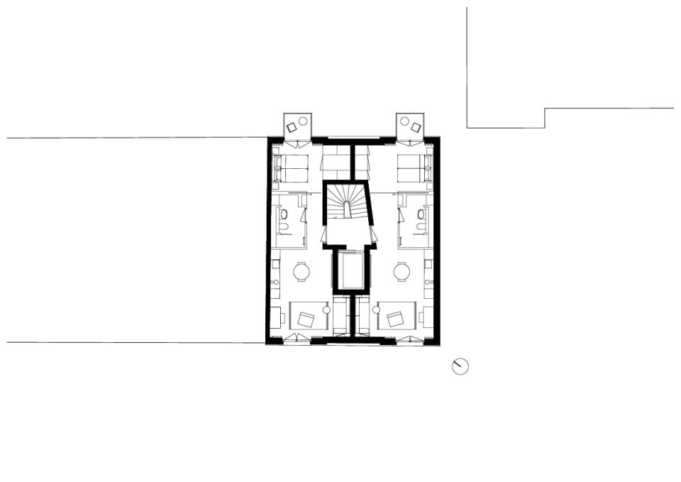 Der innenliegende Treppenhauskern definiert zwei spiegelgleiche Wohnungen mit hoher Raumqualität.