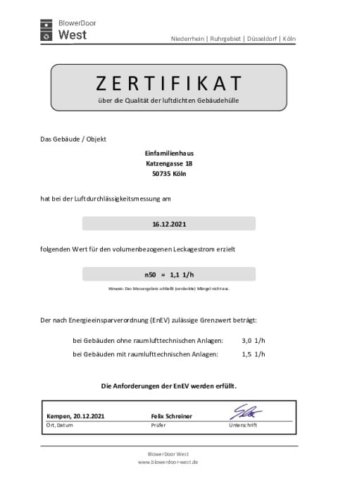 Zertifikat Blowerdoor-Test