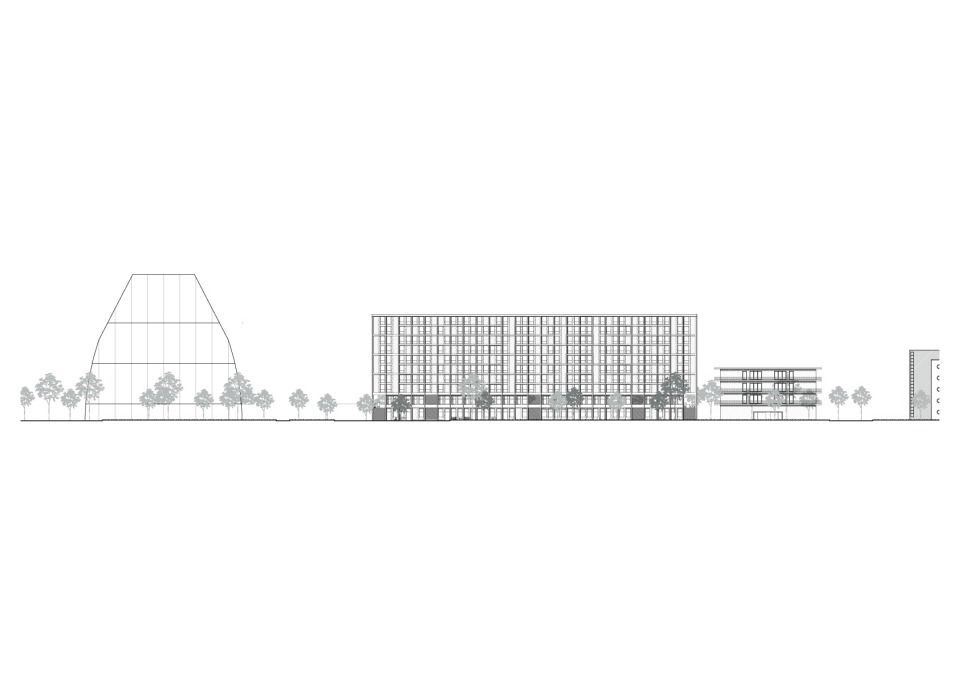 Straßenschnitt mit Ansicht der Südostfassade