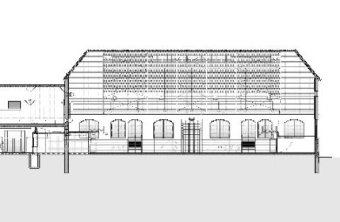 Längsschnitt Turn- und Versammungshalle Hallschlag
