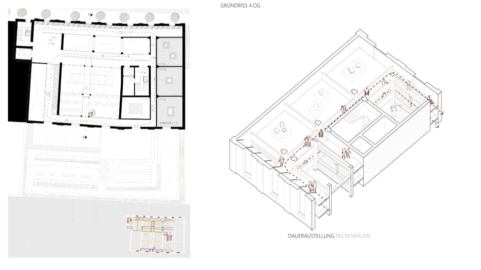 Grundriss 4.OG; Skizze Ausstellung Beckenraum