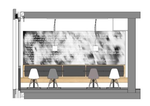 Ansicht bedruckte Glasverkleidung Kantine 2.OG