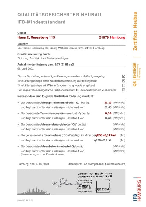 RHWZ_Drei Schwestern_Stufenbericht C Neubau Zertifikat