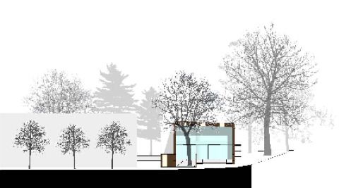 Ansicht West, Gartenzugang, Atelier, OG-Loggia
