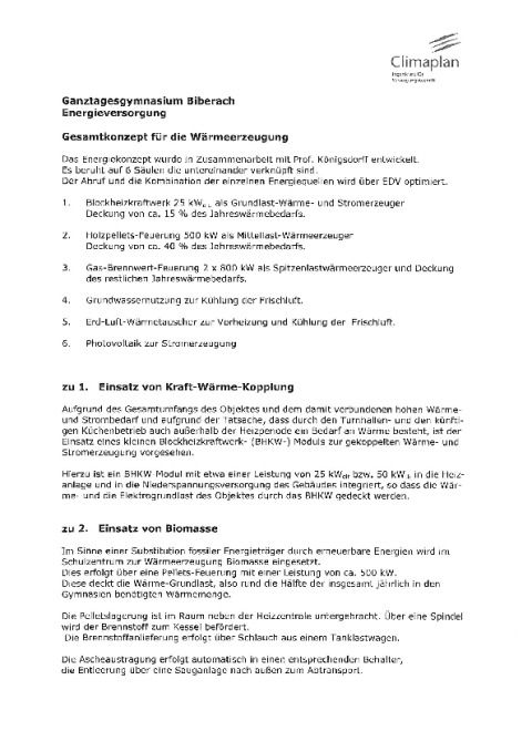Gymnasien Biberach Erläuterungsbericht: Energieversorgung der Firma Climaplan