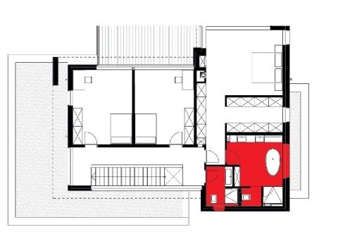 Grundriss Obergeschoss Rot markiert: Bereiche, in denen warmes Wasser benötigt wird.