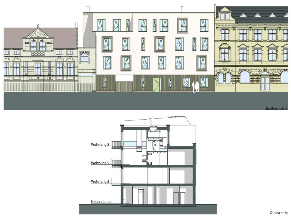 Straßenansicht, Querschnitt mit Darstellung der zweigeschossigen Wohnung