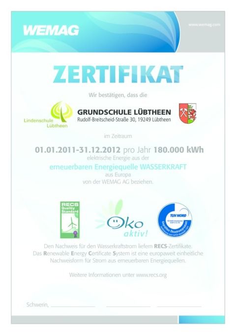 Zertifikat +Ökostrom Schule Lübtheen 2011