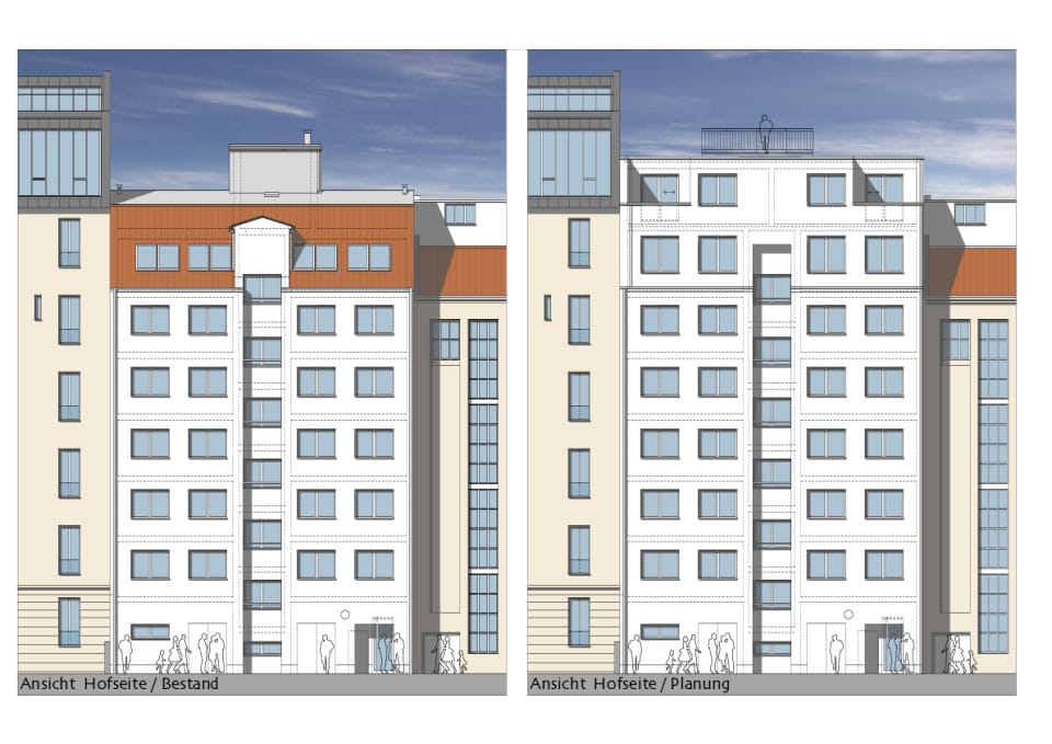 Ansicht Hofseite / Bestand + Planung