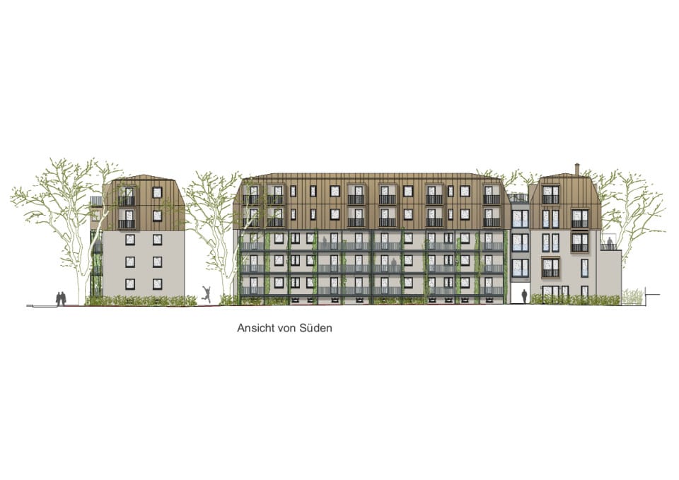 Ansicht von Süden: Aufstockung links und Mitte, Neubau rechts.
