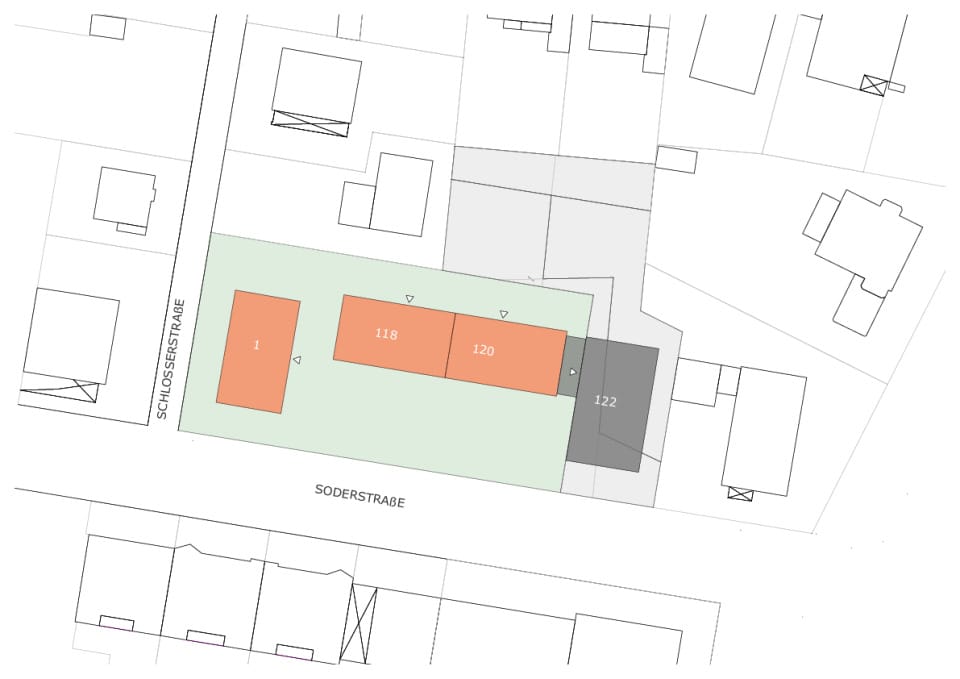 Übersichtsplan: orange Bestand und Aufstockung, grau Neubau