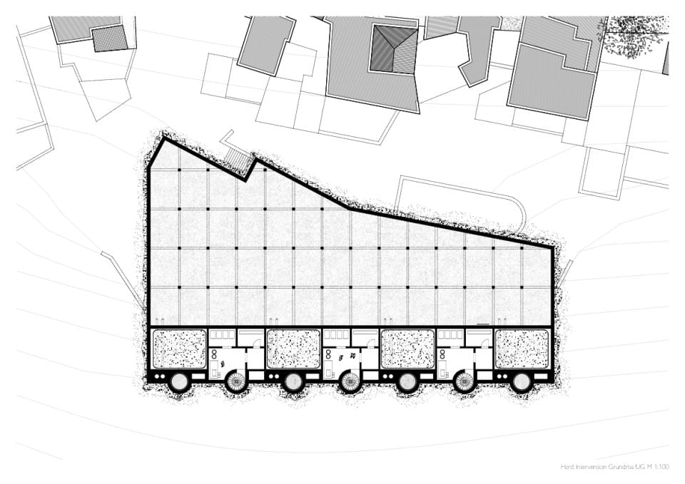 Grundriss Untergeschoss, mit modularem Filtersystem und Trinkwasserzisterne, 1:100