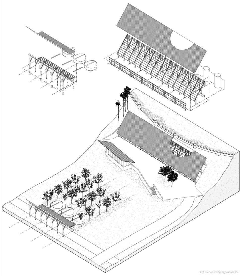 Sprengaxonometrie, Regenwasserstruktur und Olivenmühle