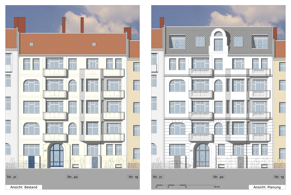 Ansichten Vorderhaus - Bestand + Planung