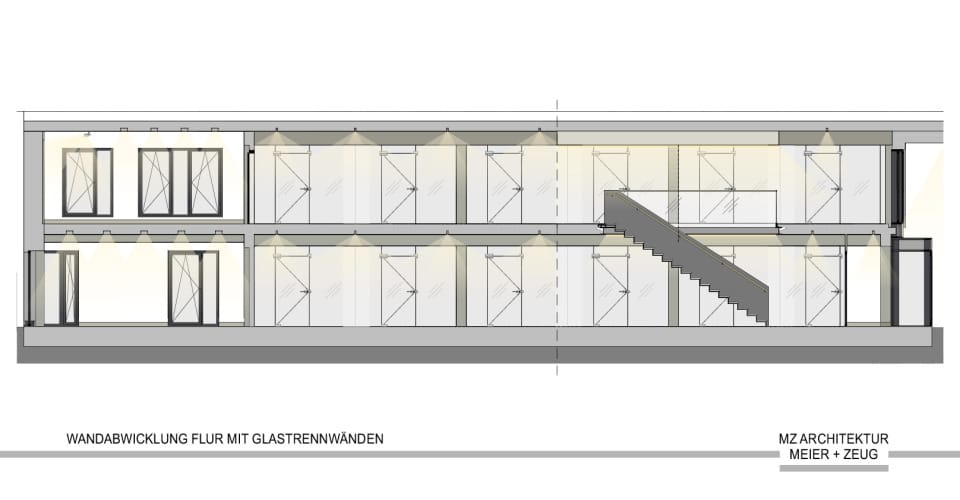 Wandabwicklung Flur mit Glastrennwänden