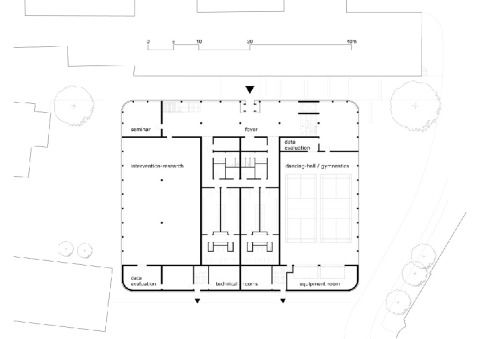 Im Erdgeschoss befinden sich die Umkleiden, der Interventionsforschungsbereich, die Tanz- und Mehrzreckhalle, Seminarräume und Datenauswertungsräume