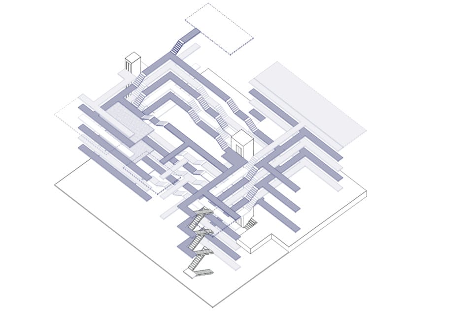 Axonometrie der Erschließungsflächen mit Treppen und Plattformen