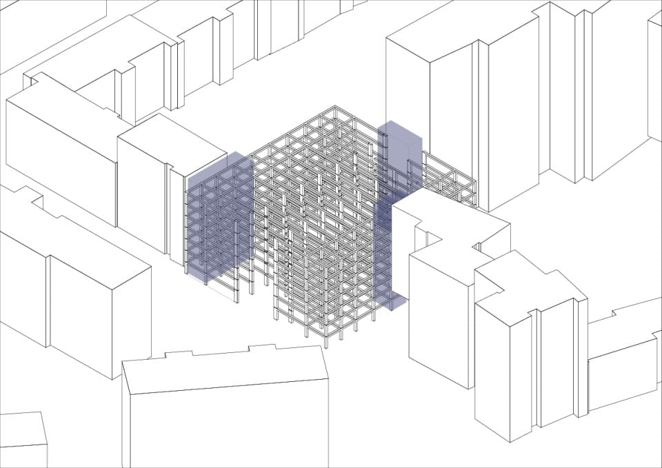 Axonometrie, Schematische Darstellung der Erweiterung des Wohnungsbaus in die Garage hinein