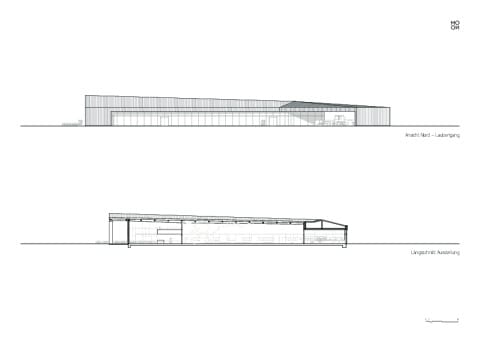 Ansicht und Schnitt, Tank- und Rastanlage Leubinger Fürstenhügel, Mono Architekten