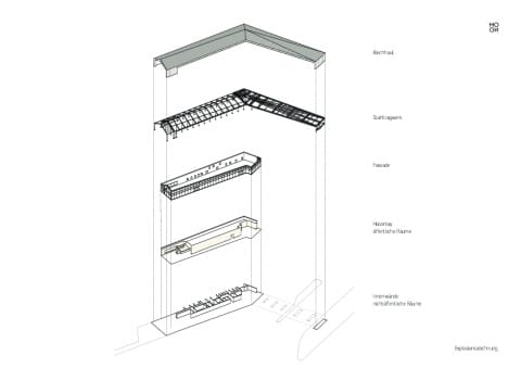 Axonometrie, Tank- und Rastanlage Leubinger Fürstenhügel, Mono Architekten