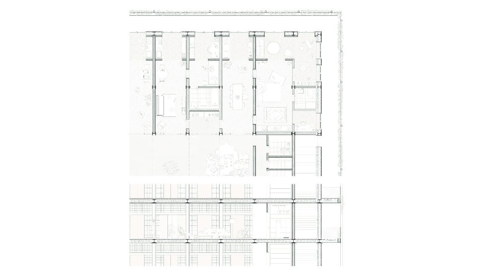 Detailgrundriss Wohngeschoss Typologie I & Schnitt Wohnhalle