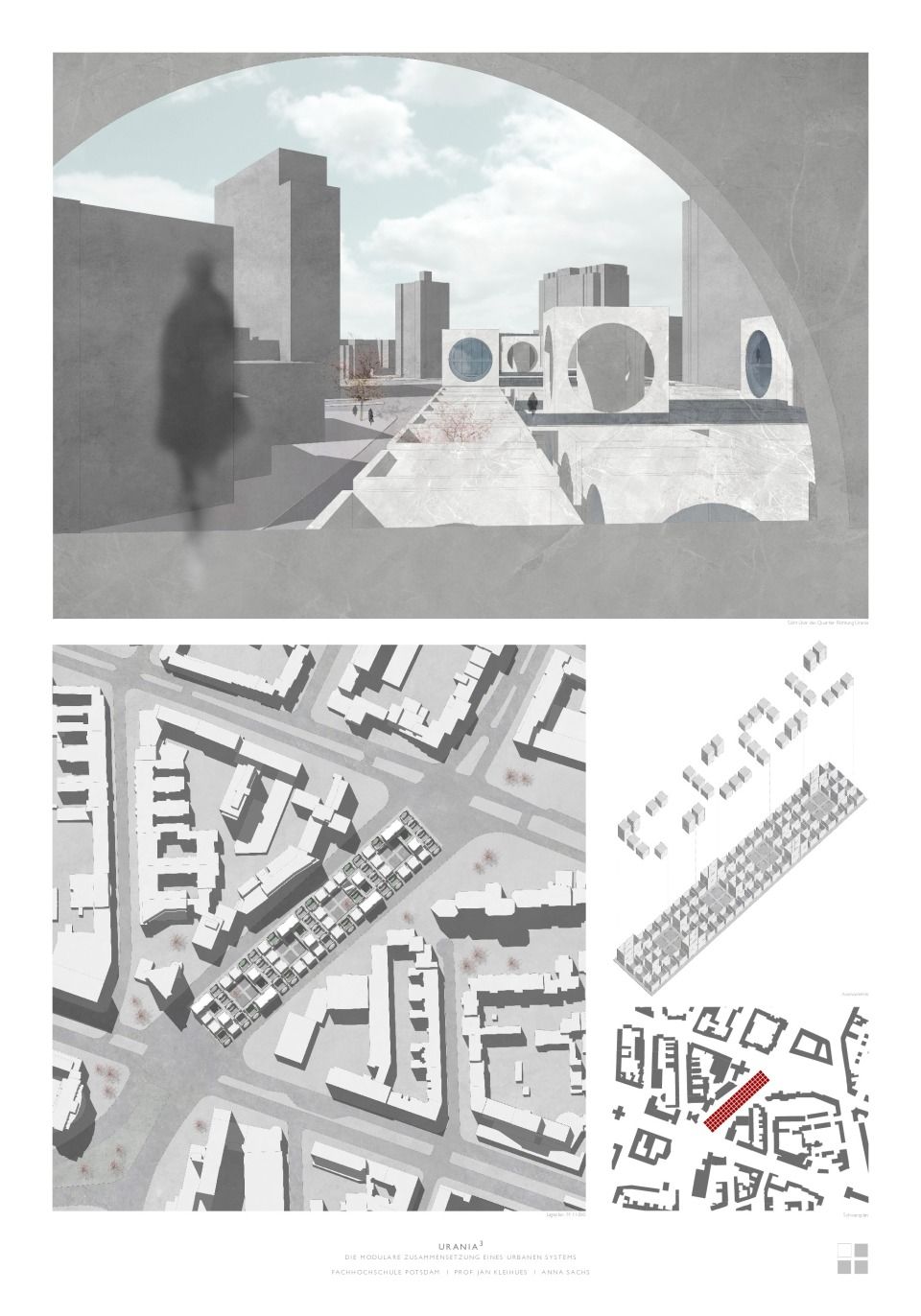 Straßenraumperspektive, Lageplan, Axonometrie Prinzip, Schwarzplan