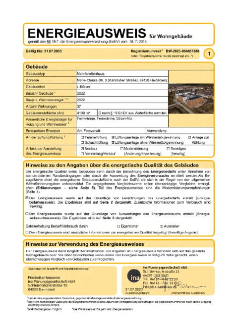 Collegium Academicum, EnergieausweiseEnEV+NaWoh-Zertifikat