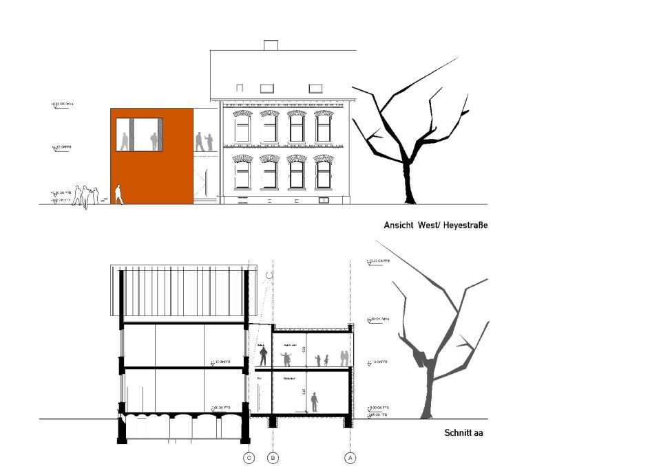 Neues Gemeindehaus - Ansicht West, Schnitt