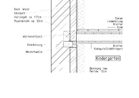Aufbau der Außenwand mit der Innendämmung 12 cm TemTem® Insulation Board Indoor und Anschluss an die Holzbalkendecke.