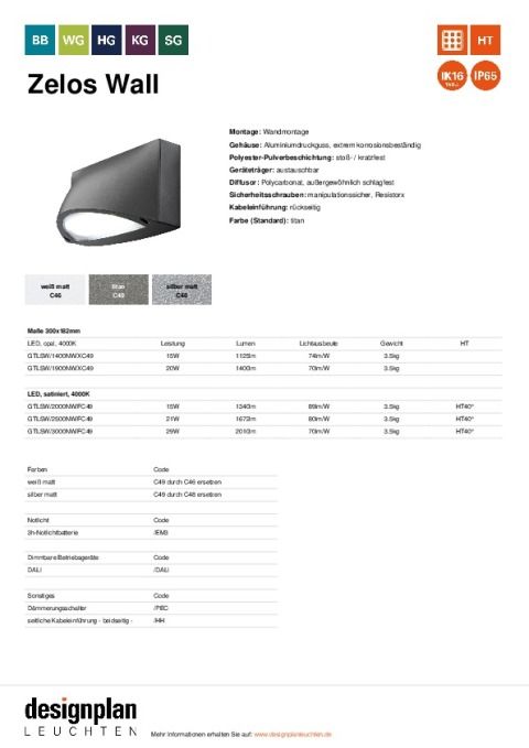Produktdatenblatt Zelos Wall Designplan Leuchten