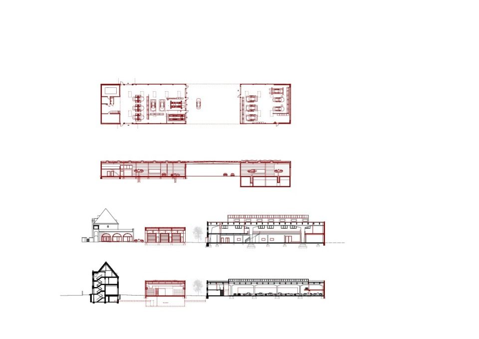 Grundriss, Schnitt, Ansicht Werkstatt Neubau 1:500