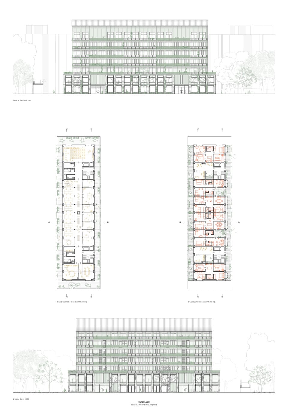 Grundrisse Arbeiten und Wohnen, Ansicht West, Ansicht Ost