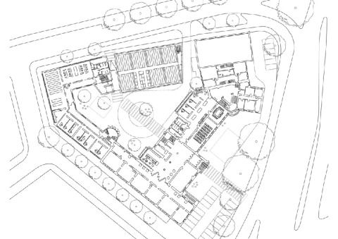 Grundriss Erdgeschoss mit Umgebung M 1:1000
Die ehemalige Luisenschule und der Neubau besetzen einen kleinen Block in Essens Innenstadt
Zeichnungen: Ahlbrecht Felix Scheidt Kasprusch