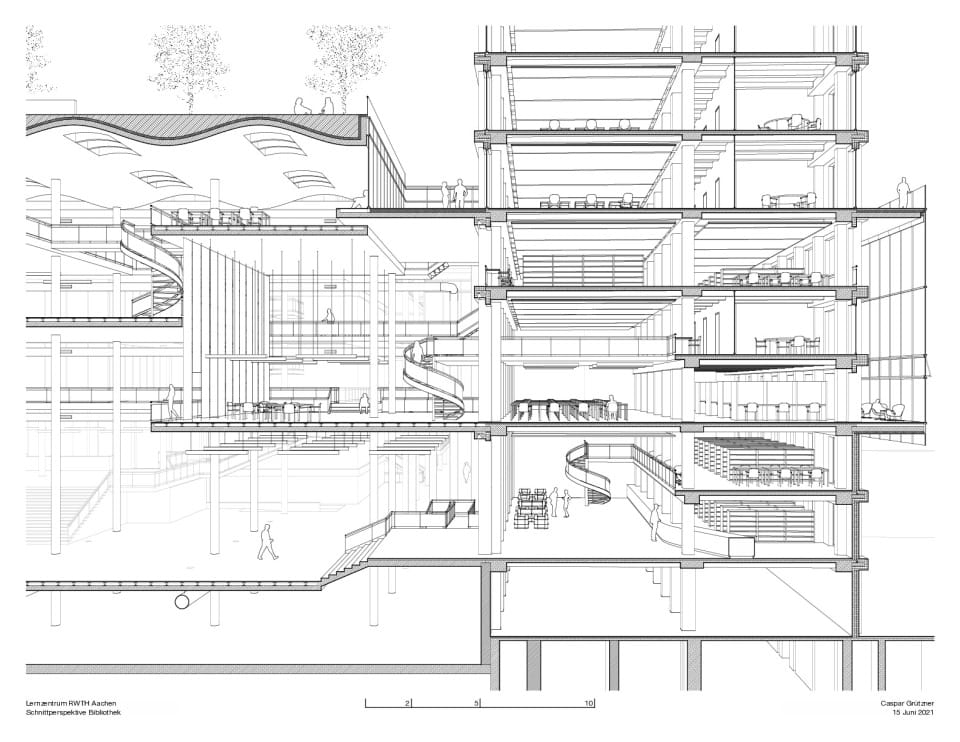 Schnittperspektive Neubau Süd und Bestandsbibliothek I
