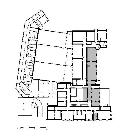 Grundriss Untergeschoß mit der Mensa (grau)
