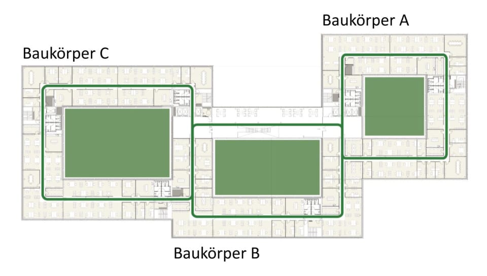 Grundriss der drei Baukörper