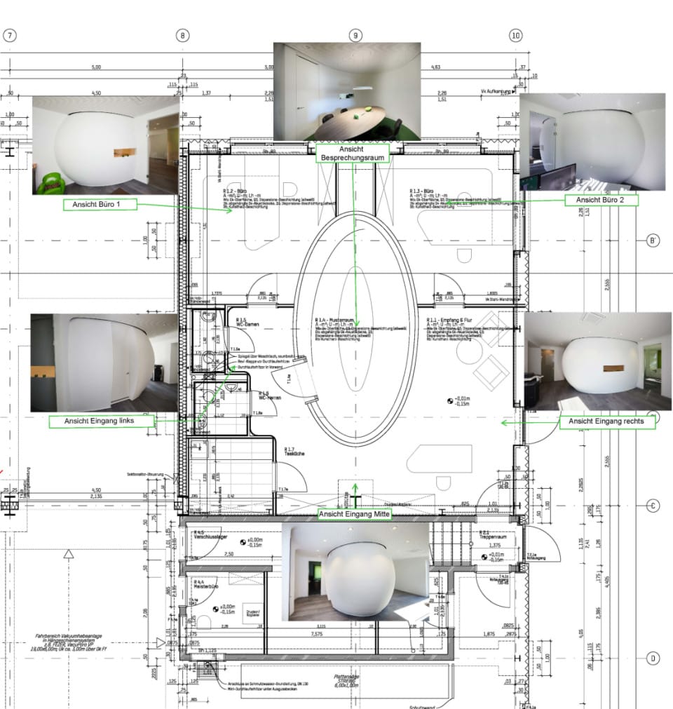 Besprechungs-Ei im Grundriss aus verschiedenen Perspektiven (Plan: Dominik Heinz Jörg, Remagen / IBB-Immo Bau Bonn GmbH