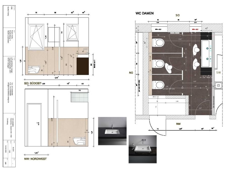 Grundriss, Ansichten Damen WC, 1:25