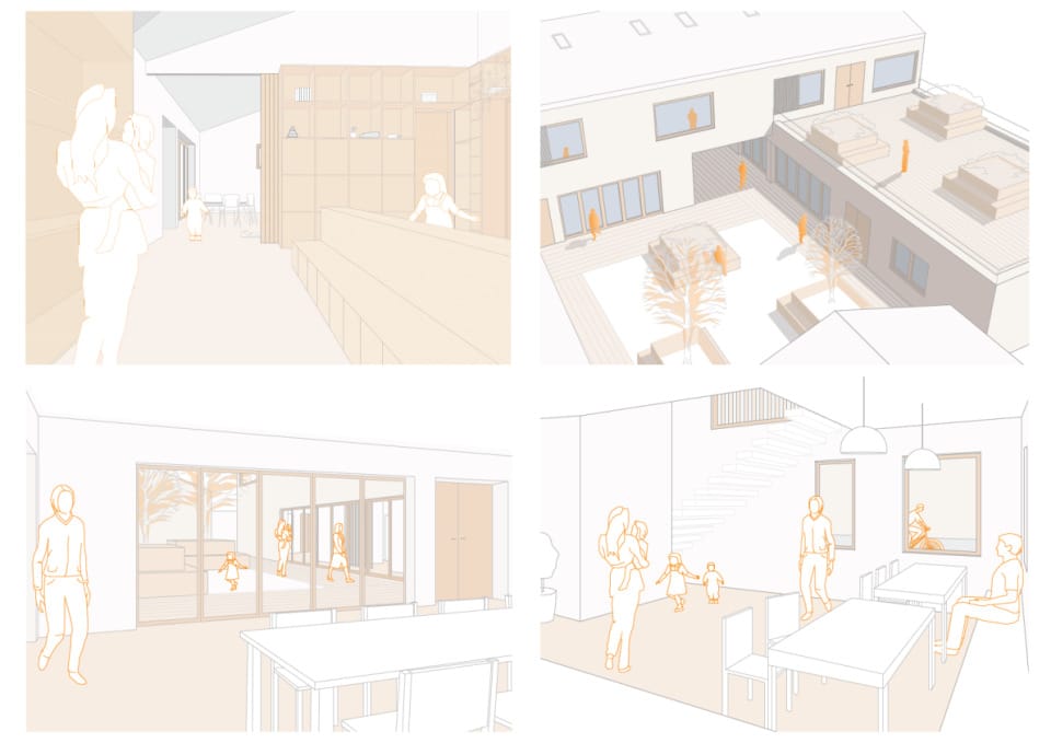 Visualisierungen (Kita Innenraum, Mädchenhaus Hof, Mädchenhaus Tagesraum, Mädchenhaus Gemeinschaftsküche