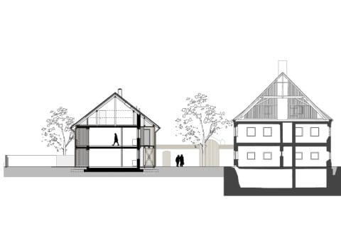 Schnitt durch Bestand, Neubau und den entstandenen Innenhof
