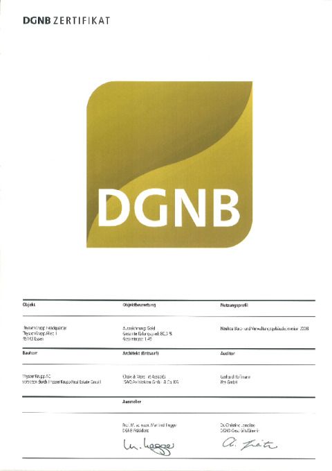 DGNB Zertifikat in Gold für das Gebäude Q1 im ThyssenKrupp Quartier Essen