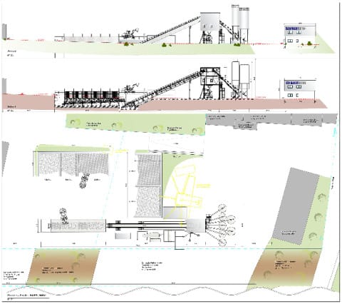 Betonmischanlage mit Maschinenräume, Recyclinganlagen, Schüttboxen