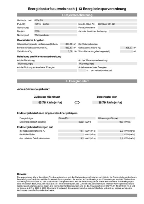 Auszug aus dem Energiebedarfsausweis