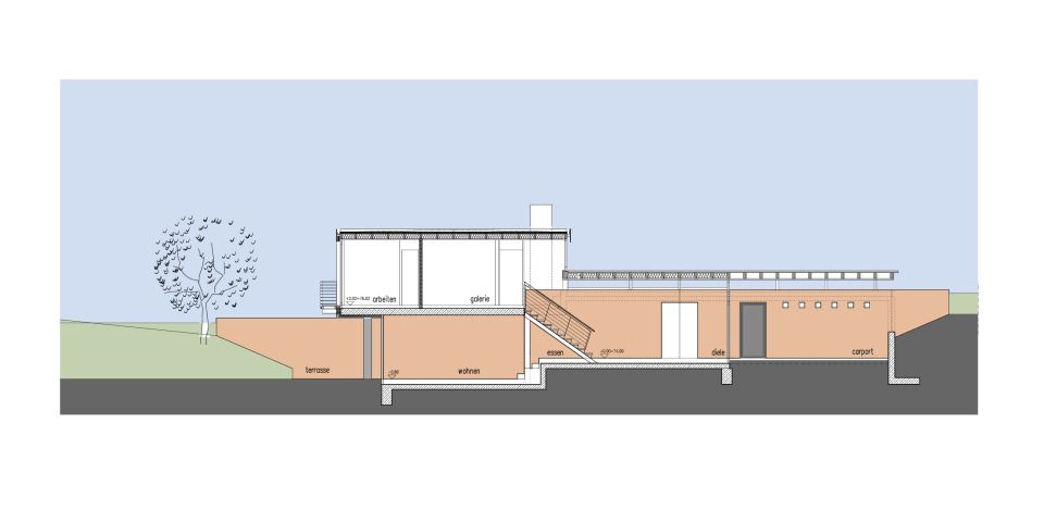 Die Stützwand zum ansteigenden Gelände durchzieht das ganze Haus - gewissermaßen als gestalterisches Rückgrat
