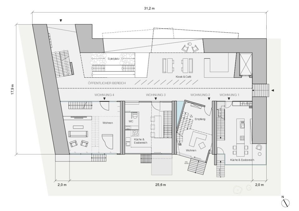 Grundriss Erdgeschoss gesamter Bunker mit Bemaßung, M=1:50